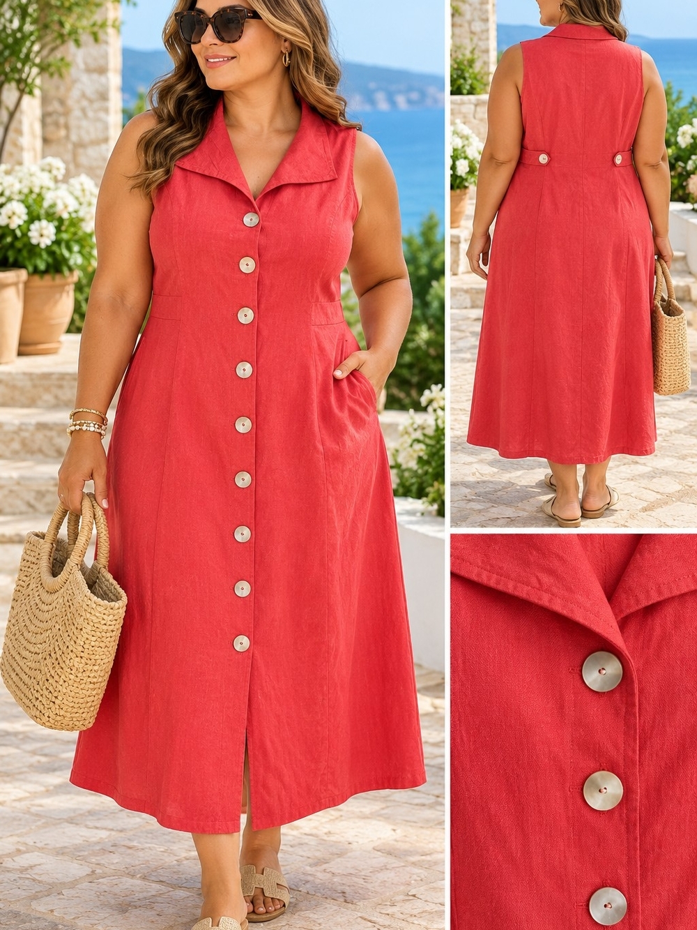 Dressbarn Woman Coral Button Front Midi Dress Plus Size 18W Sleeveless